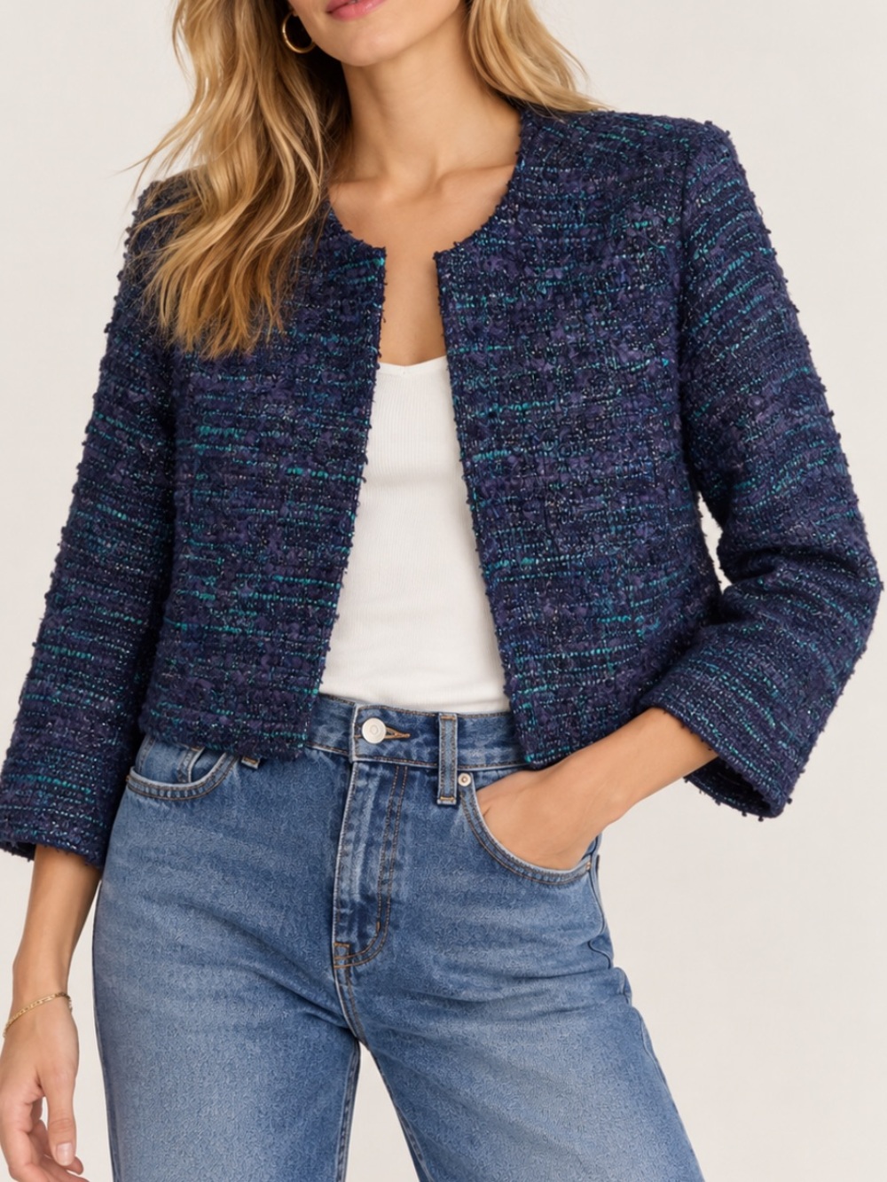 BURU Open Cropped Blazer in Iridescent Tweed XL